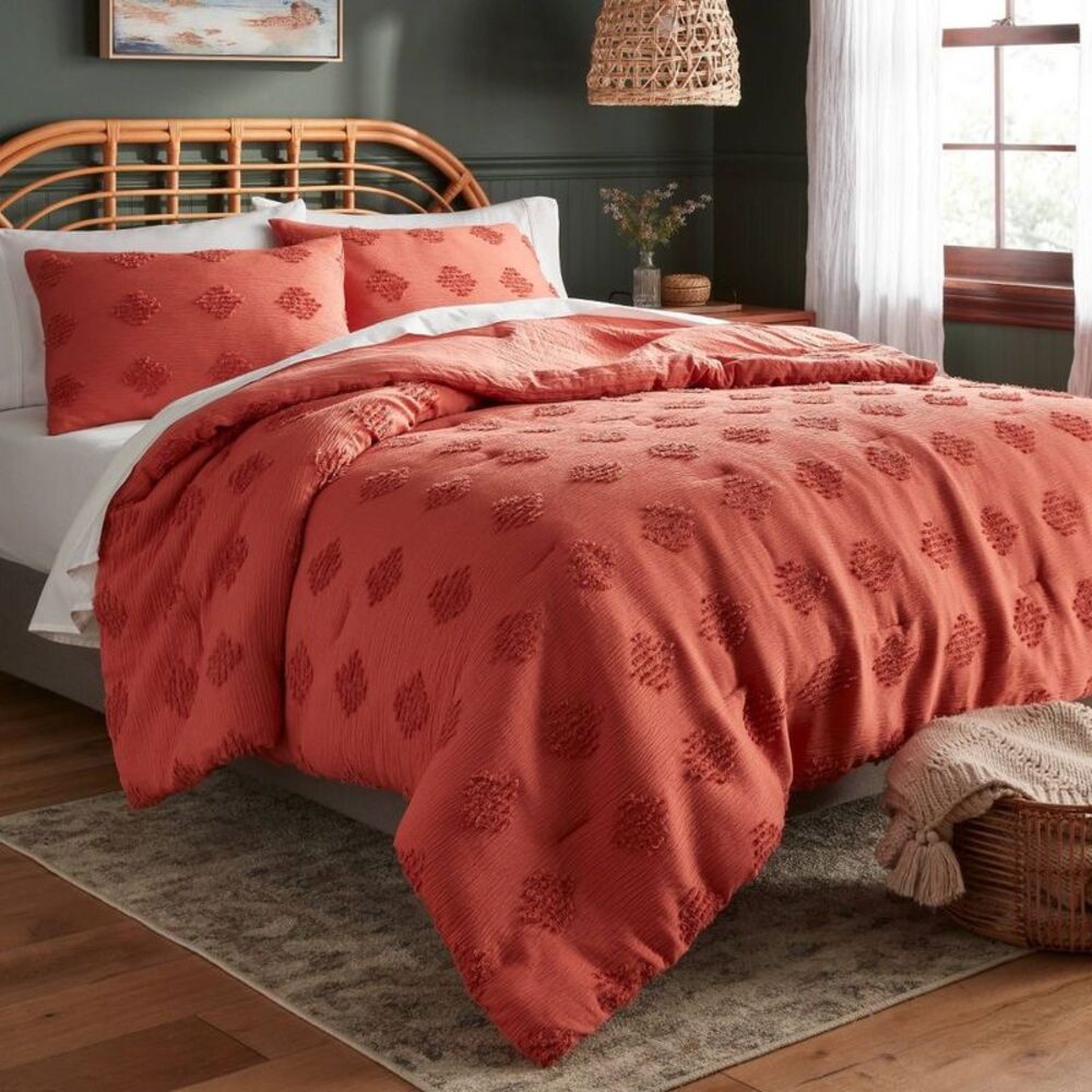 Twin/Twin Extra Long Tufted Diamond Crinkle Comforter and Sham Set Melon Pink - Picture 2 of 4